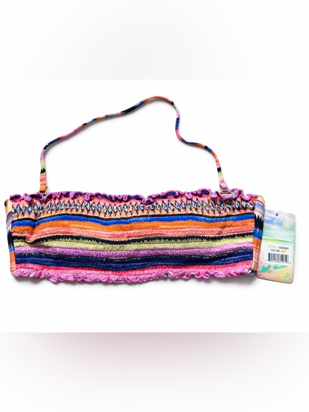 Hobie Smocked Bandeau Bikini Top Multicolor Stripe Halter NWT Size M